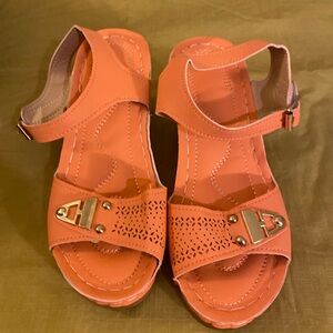 Peach Summer Sandals with Gold Accents and short heals